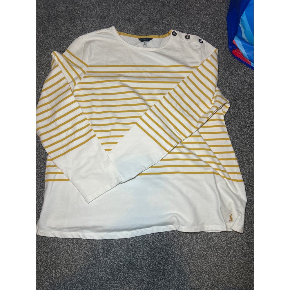 Joules Top Women's US Size 16 Striped Yellow/White Long Sleeve Shirt Logo Front